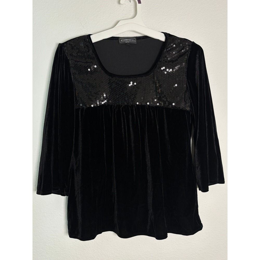 Elementz Petite Black Velvet Sequin Yoke Blouse 3/4 Sleeve Top PM